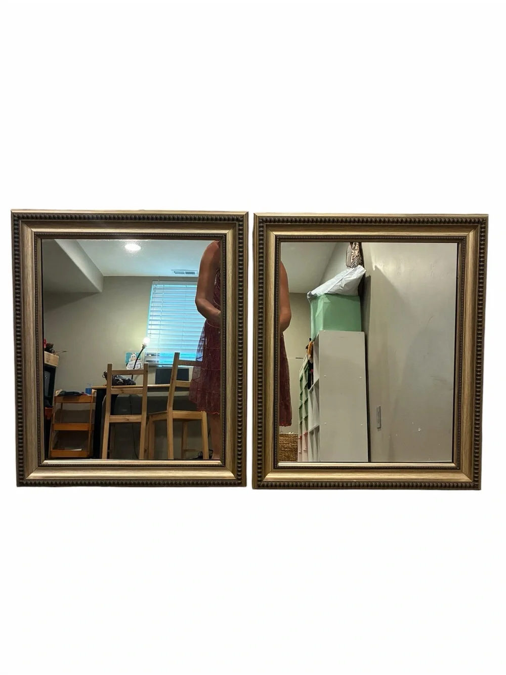 2 20.5”x24.5” vintage style wall mirrors feature a champagne gold frame